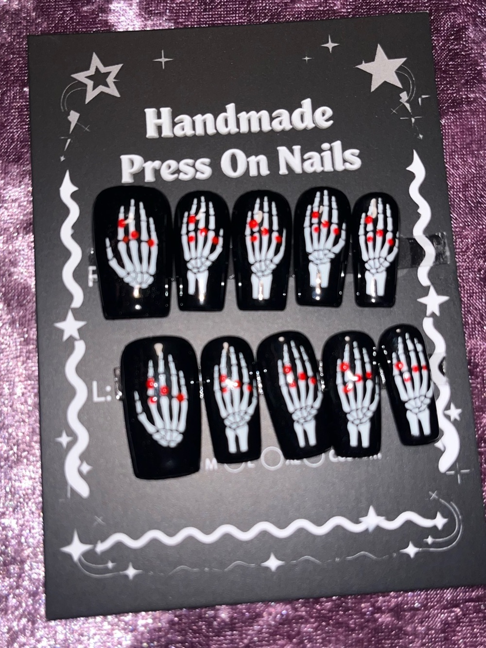 Black Press On Nails with Skeleton Hand Design